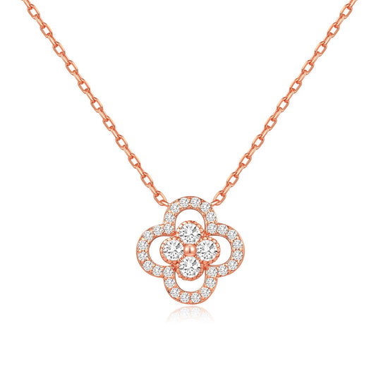 Rose Gold Plated Clover Halo Necklace Created with Zircondia® Crystals - Philip Jones Jewellery