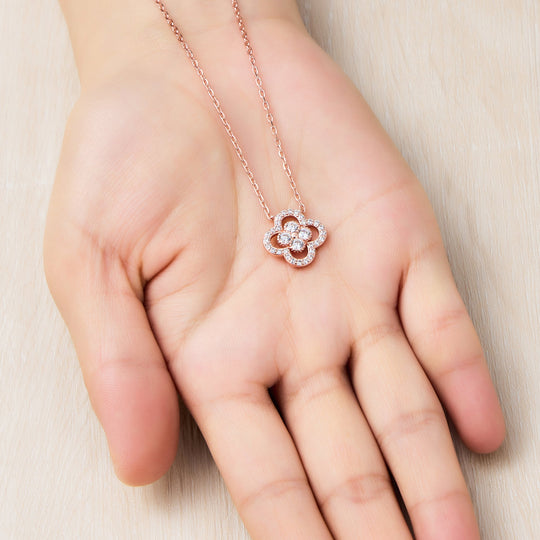 Rose Gold Plated Clover Halo Necklace Created with Zircondia® Crystals - Philip Jones Jewellery