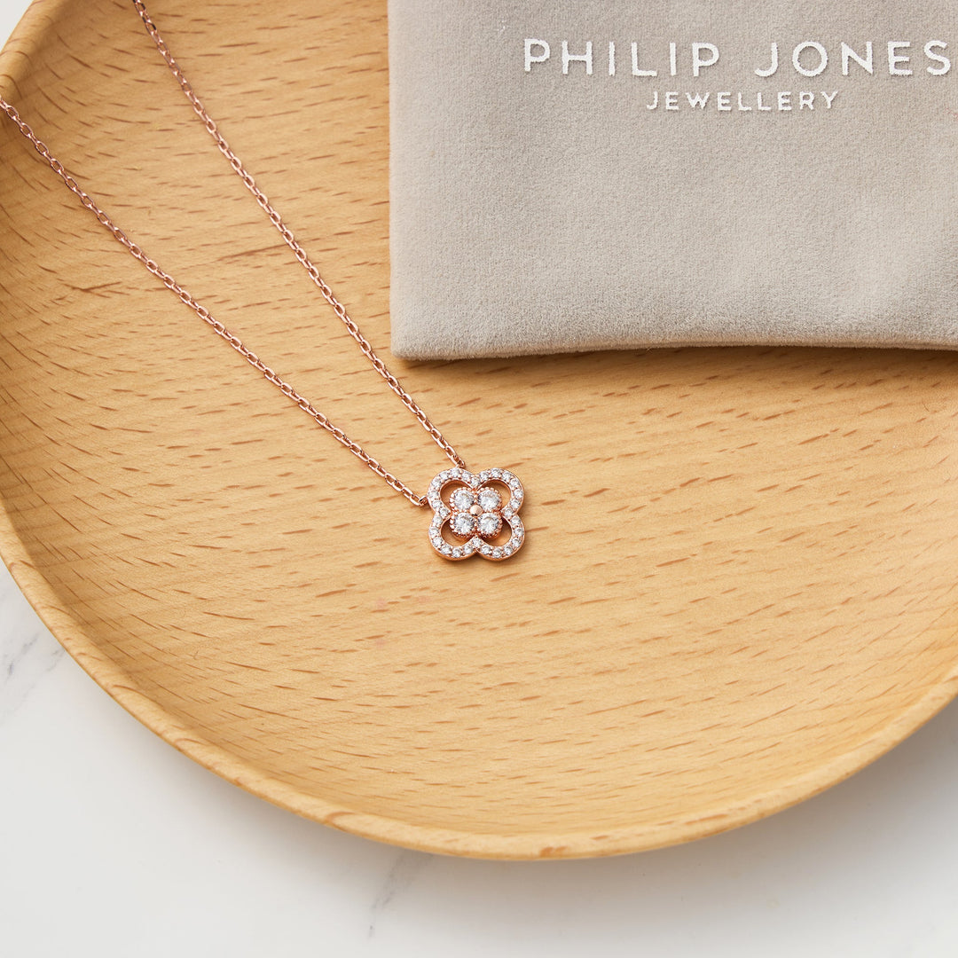 Rose Gold Plated Clover Halo Necklace Created with Zircondia® Crystals - Philip Jones Jewellery