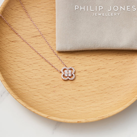 Rose Gold Plated Clover Halo Necklace Created with Zircondia® Crystals - Philip Jones Jewellery