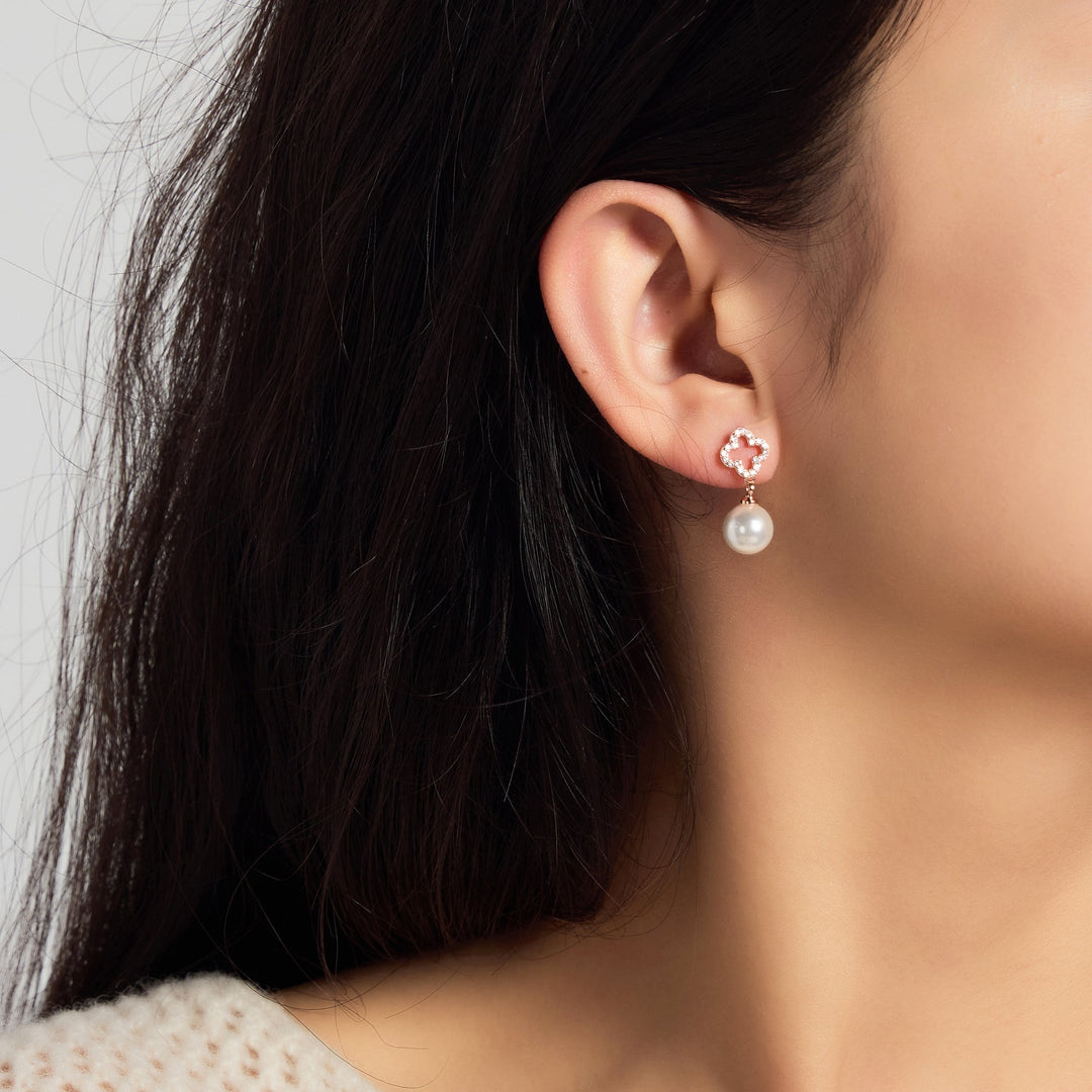 Rose Gold Plated Clover Pearl Drop Earrings Created with Zircondia® Crystals - Philip Jones Jewellery
