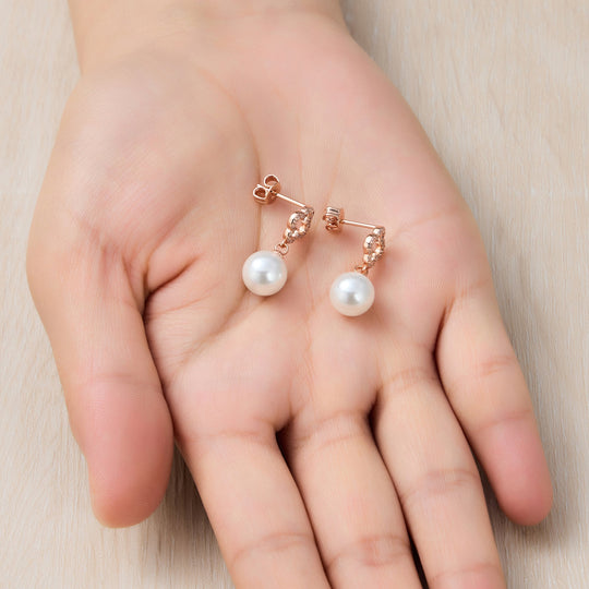 Rose Gold Plated Clover Pearl Drop Earrings Created with Zircondia® Crystals - Philip Jones Jewellery