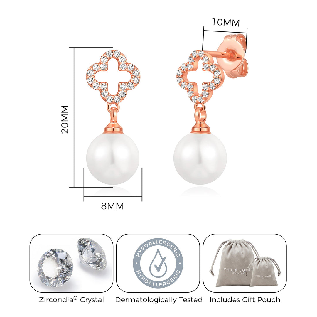 Rose Gold Plated Clover Pearl Drop Earrings Created with Zircondia® Crystals - Philip Jones Jewellery