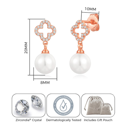 Rose Gold Plated Clover Pearl Drop Earrings Created with Zircondia® Crystals - Philip Jones Jewellery
