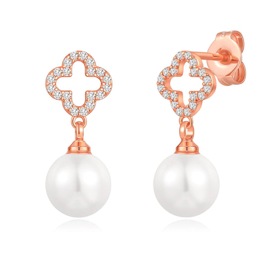 Rose Gold Plated Clover Pearl Drop Earrings Created with Zircondia® Crystals - Philip Jones Jewellery