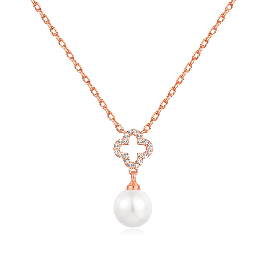 Rose Gold Plated Clover Pearl Drop Necklace Created with Zircondia® Crystals - Philip Jones Jewellery