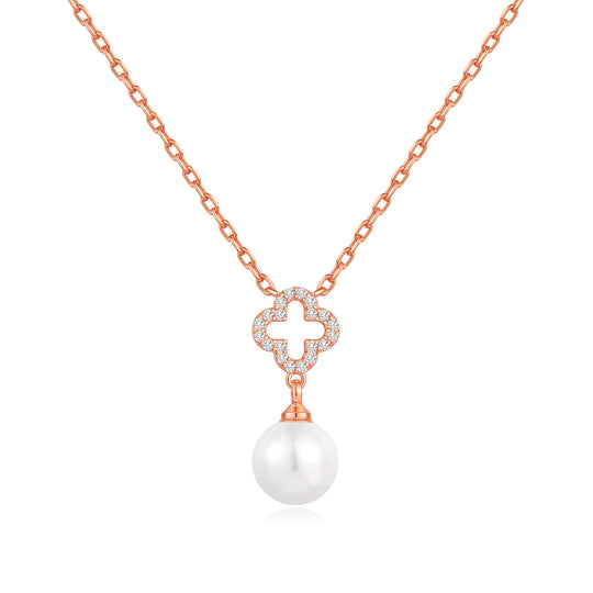 Rose Gold Plated Clover Pearl Drop Necklace Created with Zircondia® Crystals - Philip Jones Jewellery