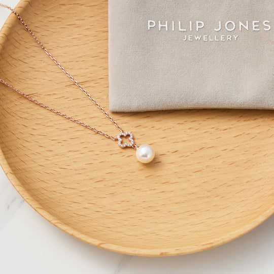 Rose Gold Plated Clover Pearl Drop Necklace Created with Zircondia® Crystals - Philip Jones Jewellery