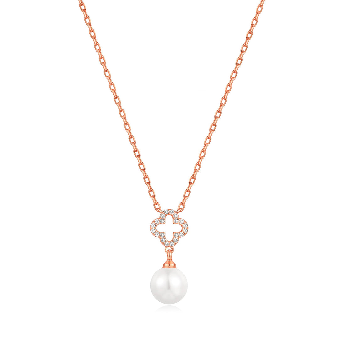 Rose Gold Plated Clover Pearl Drop Necklace Created with Zircondia® Crystals - Philip Jones Jewellery
