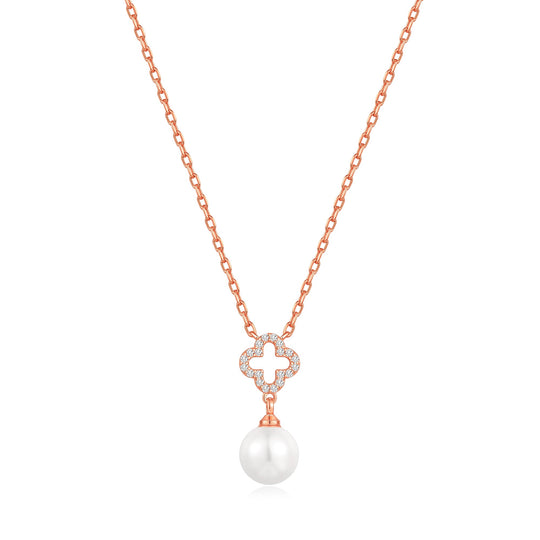 Rose Gold Plated Clover Pearl Drop Necklace Created with Zircondia® Crystals - Philip Jones Jewellery