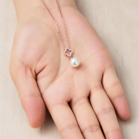 Rose Gold Plated Clover Pearl Drop Necklace Created with Zircondia® Crystals - Philip Jones Jewellery