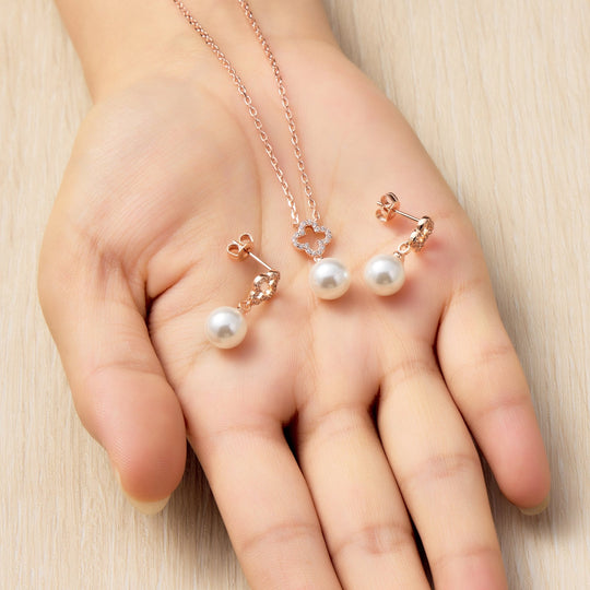 Rose Gold Plated Clover Pearl Drop Set Created with Zircondia® Crystals