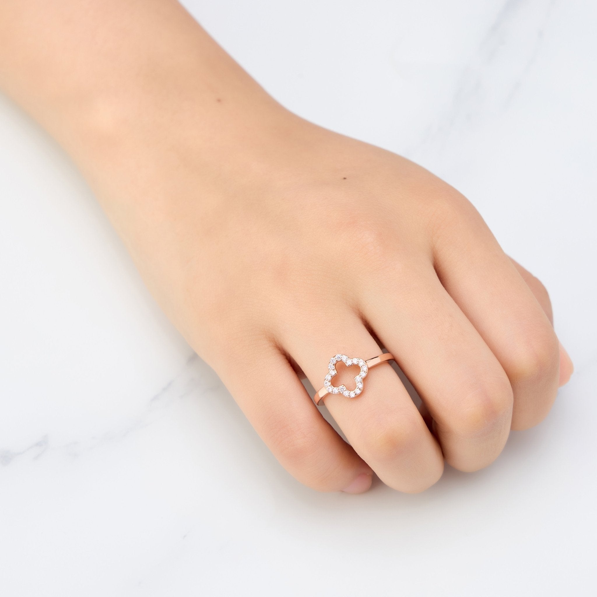 Rose Gold Plated Clover Adjustable Ring Created with Zircondia