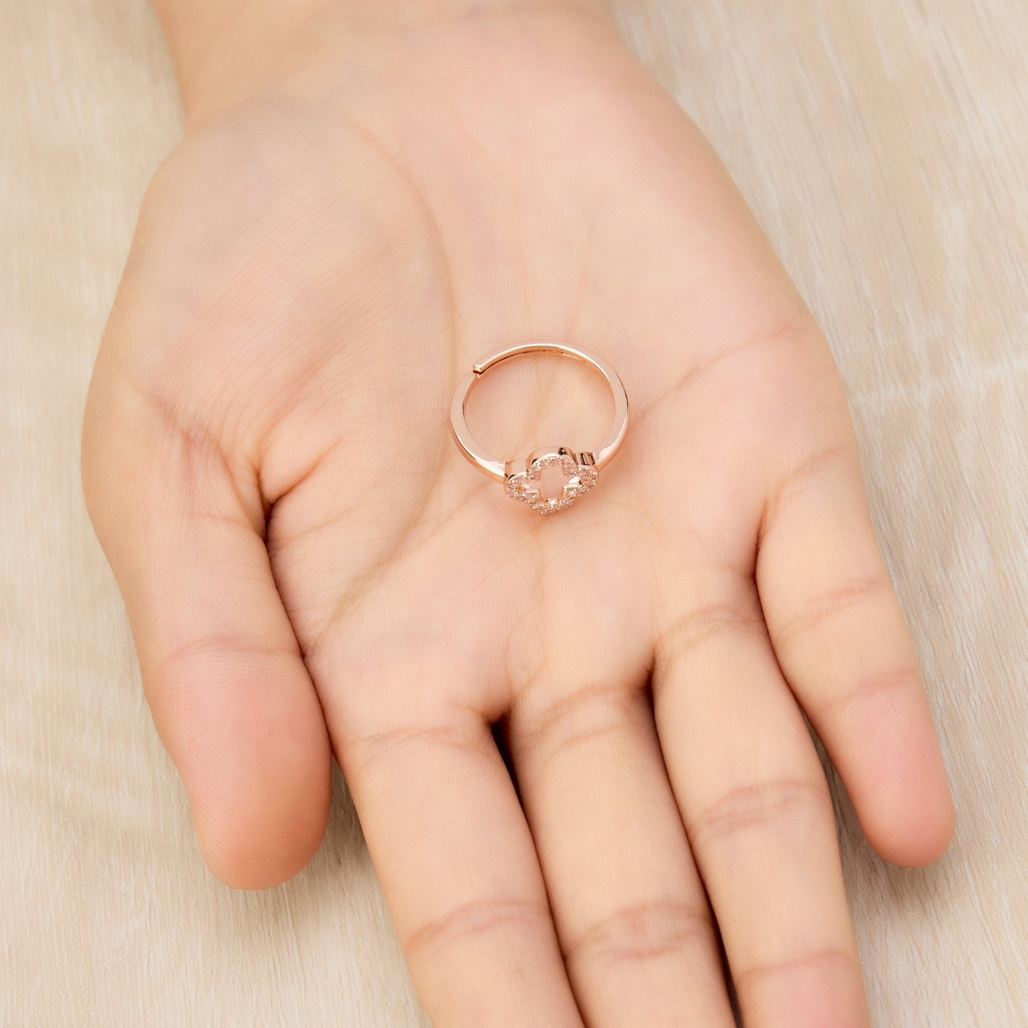 Rose Gold Plated Clover Adjustable Ring Created with Zircondia