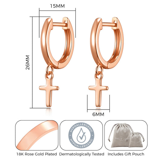 Rose Gold Plated Cross Charm Hoop Earrings - Philip Jones Jewellery