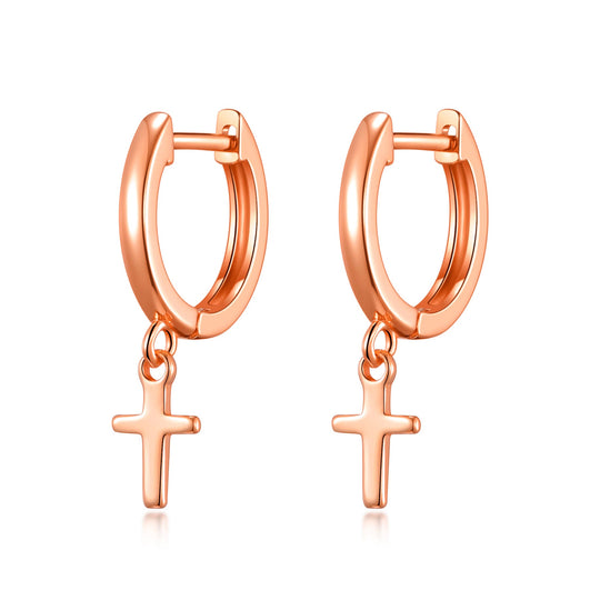 Rose Gold Plated Cross Charm Hoop Earrings - Philip Jones Jewellery