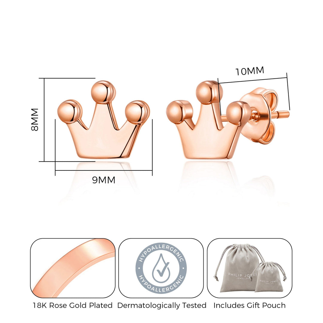 Rose Gold Plated Crown Stud Earrings - Philip Jones Jewellery