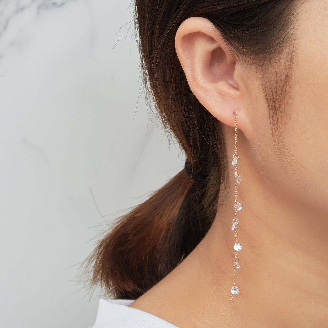 Rose Gold Plated Dangle Thread Earrings Created with Zircondia® Crystals - Philip Jones Jewellery