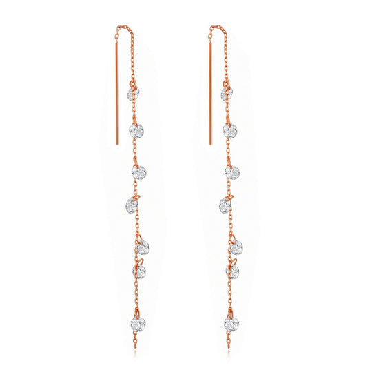 Rose Gold Plated Dangle Thread Earrings Created with Zircondia® Crystals - Philip Jones Jewellery