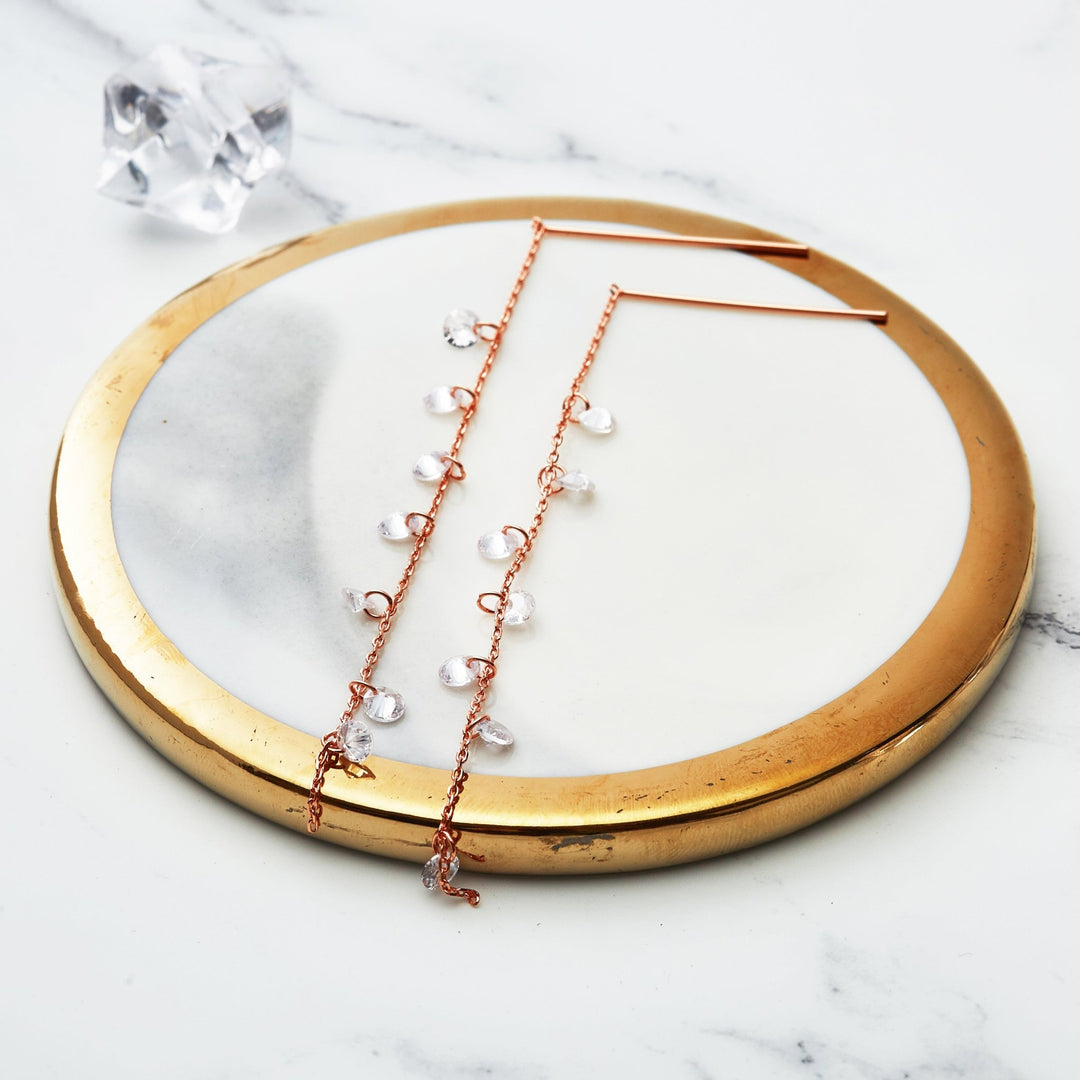 Rose Gold Plated Dangle Thread Earrings Created with Zircondia® Crystals - Philip Jones Jewellery