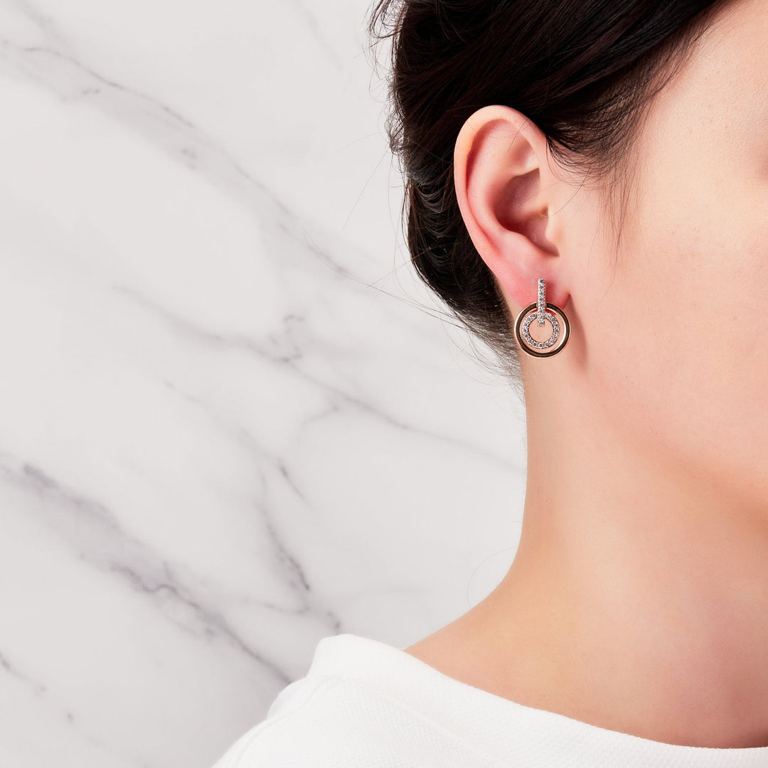 Rose Gold Plated Double Circle Drop Earrings Created with Zircondia® Crystals - Philip Jones Jewellery