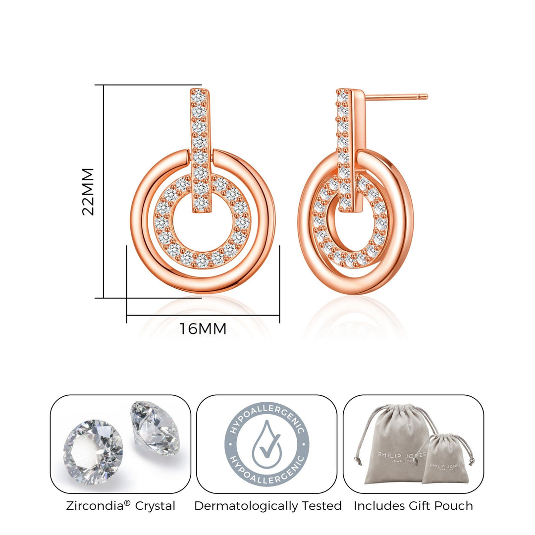 Rose Gold Plated Double Circle Drop Earrings Created with Zircondia® Crystals - Philip Jones Jewellery