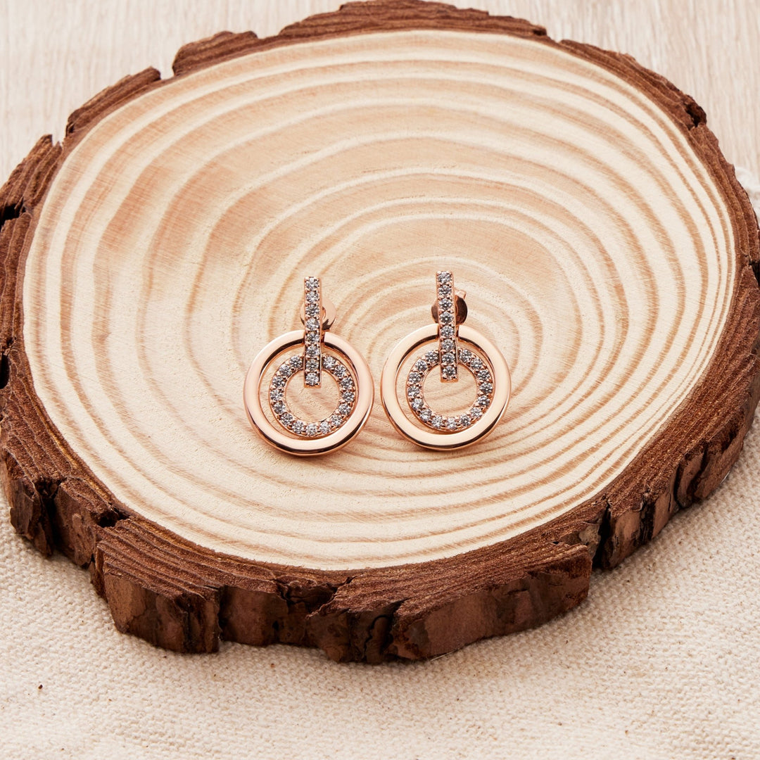 Rose Gold Plated Double Circle Drop Earrings Created with Zircondia® Crystals - Philip Jones Jewellery