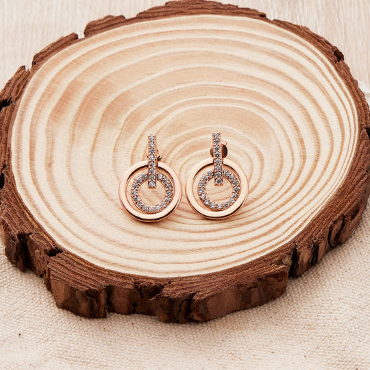 Rose Gold Plated Double Circle Drop Earrings Created with Zircondia® Crystals - Philip Jones Jewellery