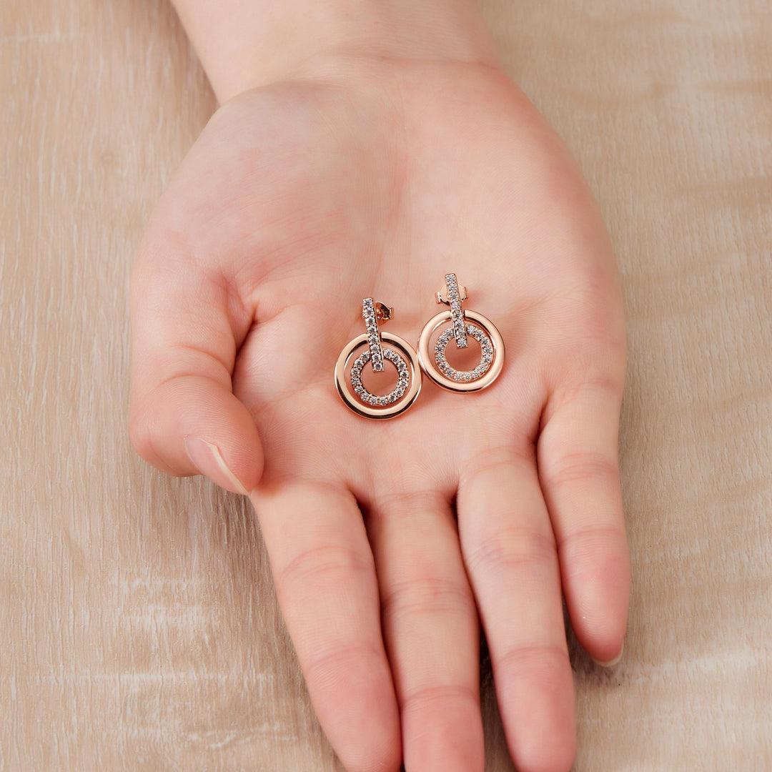 Rose Gold Plated Double Circle Drop Earrings Created with Zircondia® Crystals - Philip Jones Jewellery