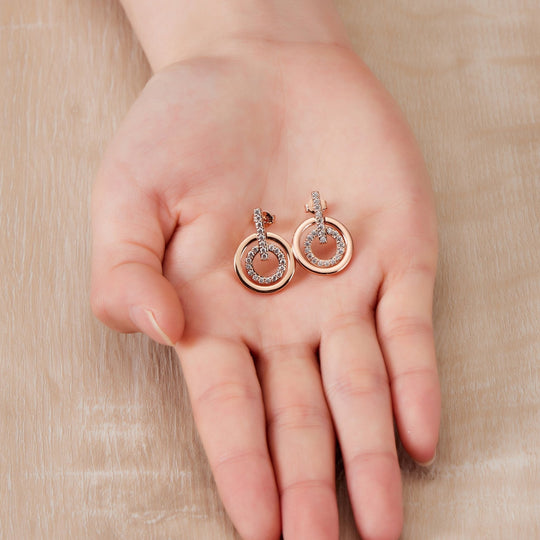 Rose Gold Plated Double Circle Drop Earrings Created with Zircondia® Crystals - Philip Jones Jewellery