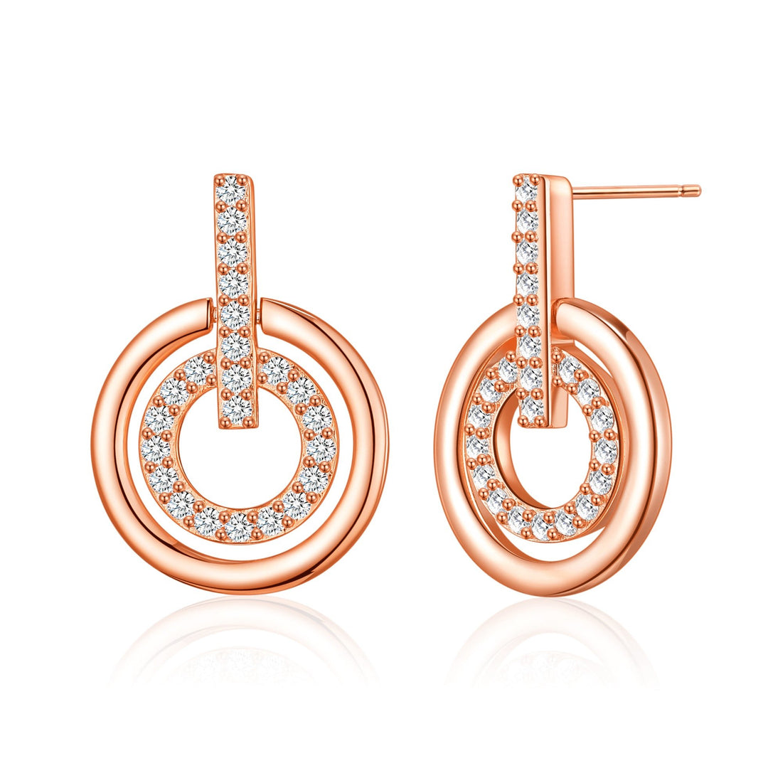 Rose Gold Plated Double Circle Drop Earrings Created with Zircondia® Crystals - Philip Jones Jewellery