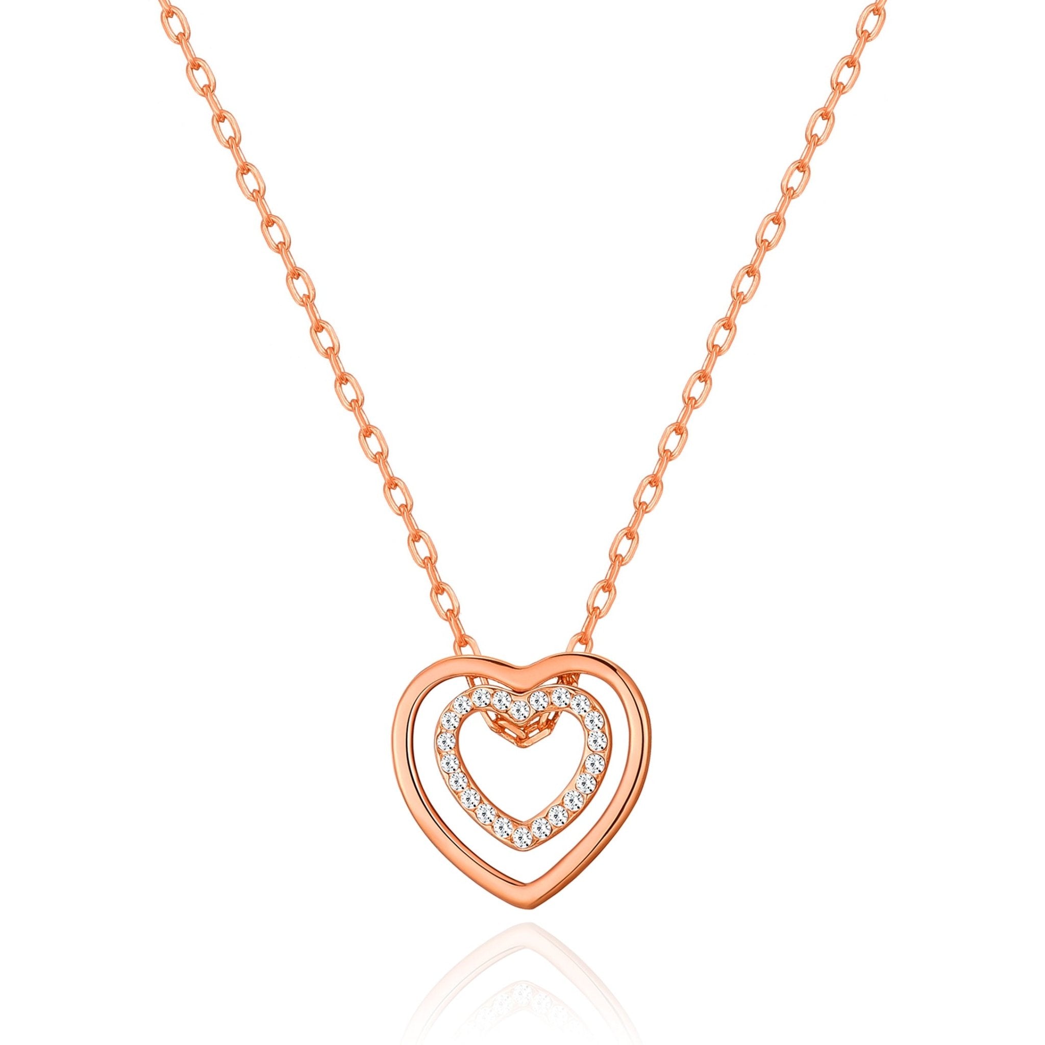 Rose Gold Plated Double Heart Necklace Created with Zircondia® Crystals - Philip Jones Jewellery