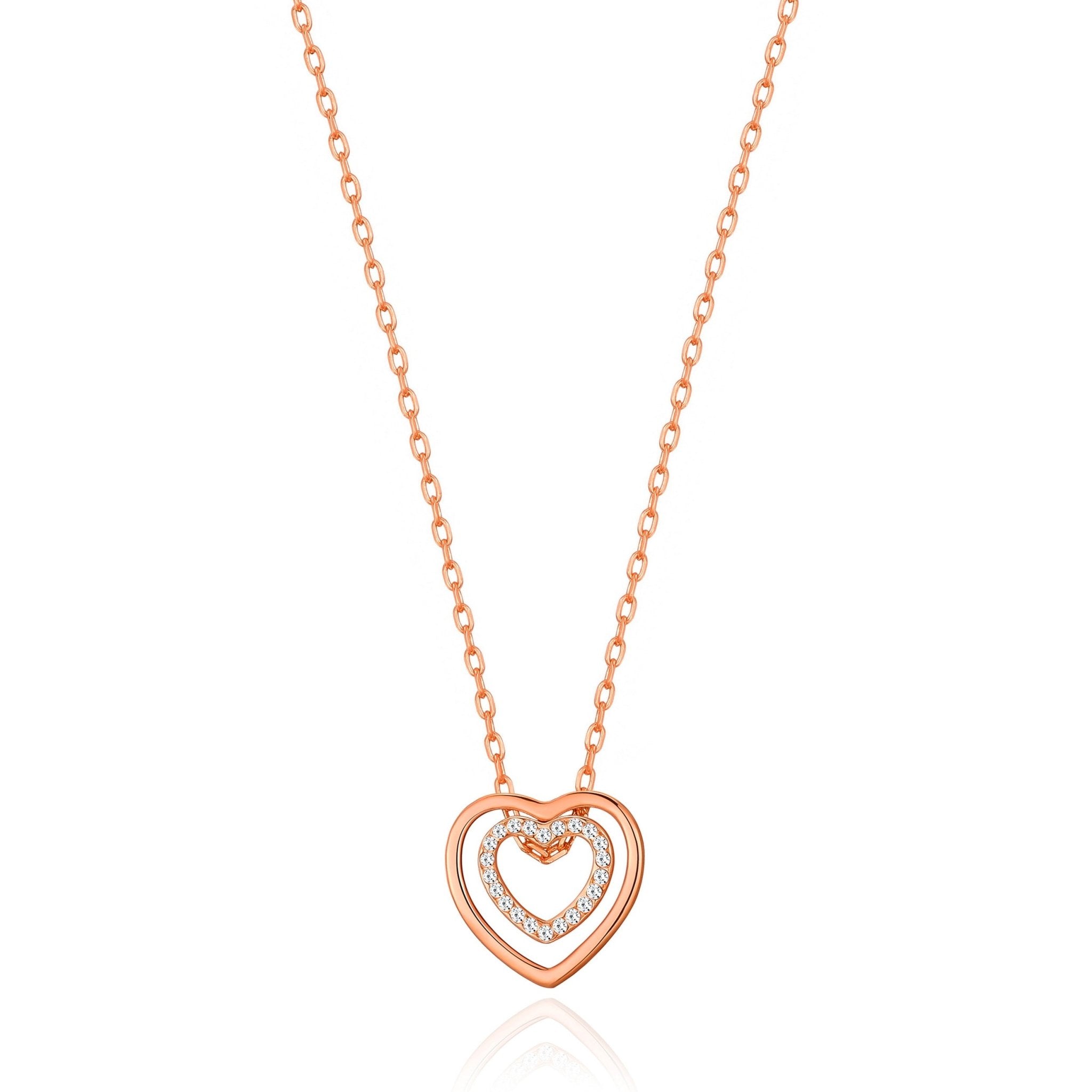 Rose Gold Plated Double Heart Necklace Created with Zircondia® Crystals - Philip Jones Jewellery