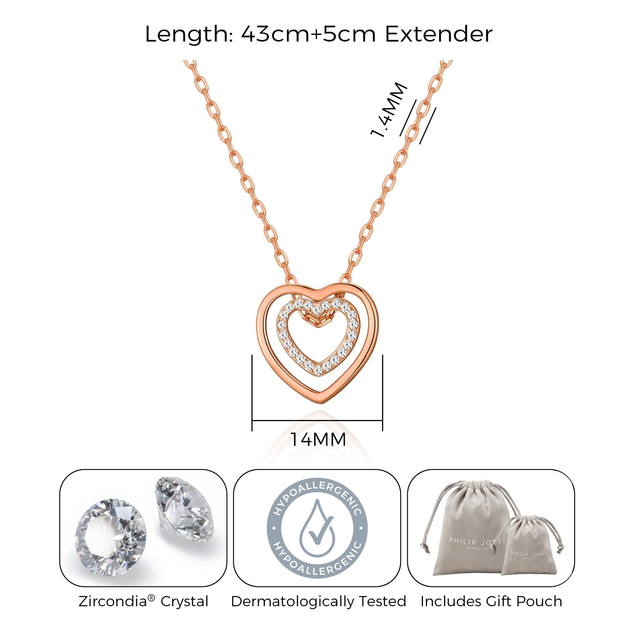 Rose Gold Plated Double Heart Necklace Created with Zircondia® Crystals - Philip Jones Jewellery