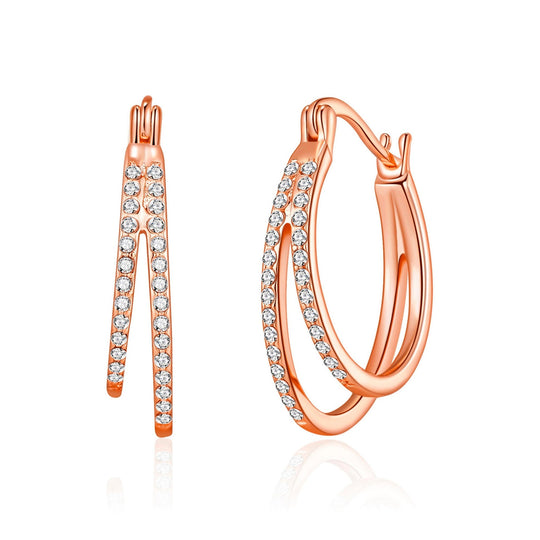 Rose Gold Plated Double Hoop Earrings Created with Zircondia® Crystals - Philip Jones Jewellery
