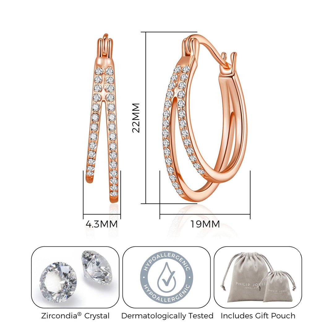 Rose Gold Plated Double Hoop Earrings Created with Zircondia® Crystals - Philip Jones Jewellery
