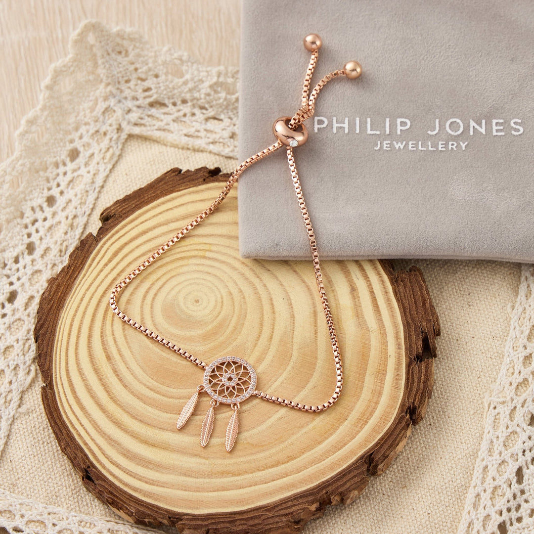 Rose Gold Plated Dream Catcher Friendship Bracelet Created with Zircondia® Crystals - Philip Jones Jewellery