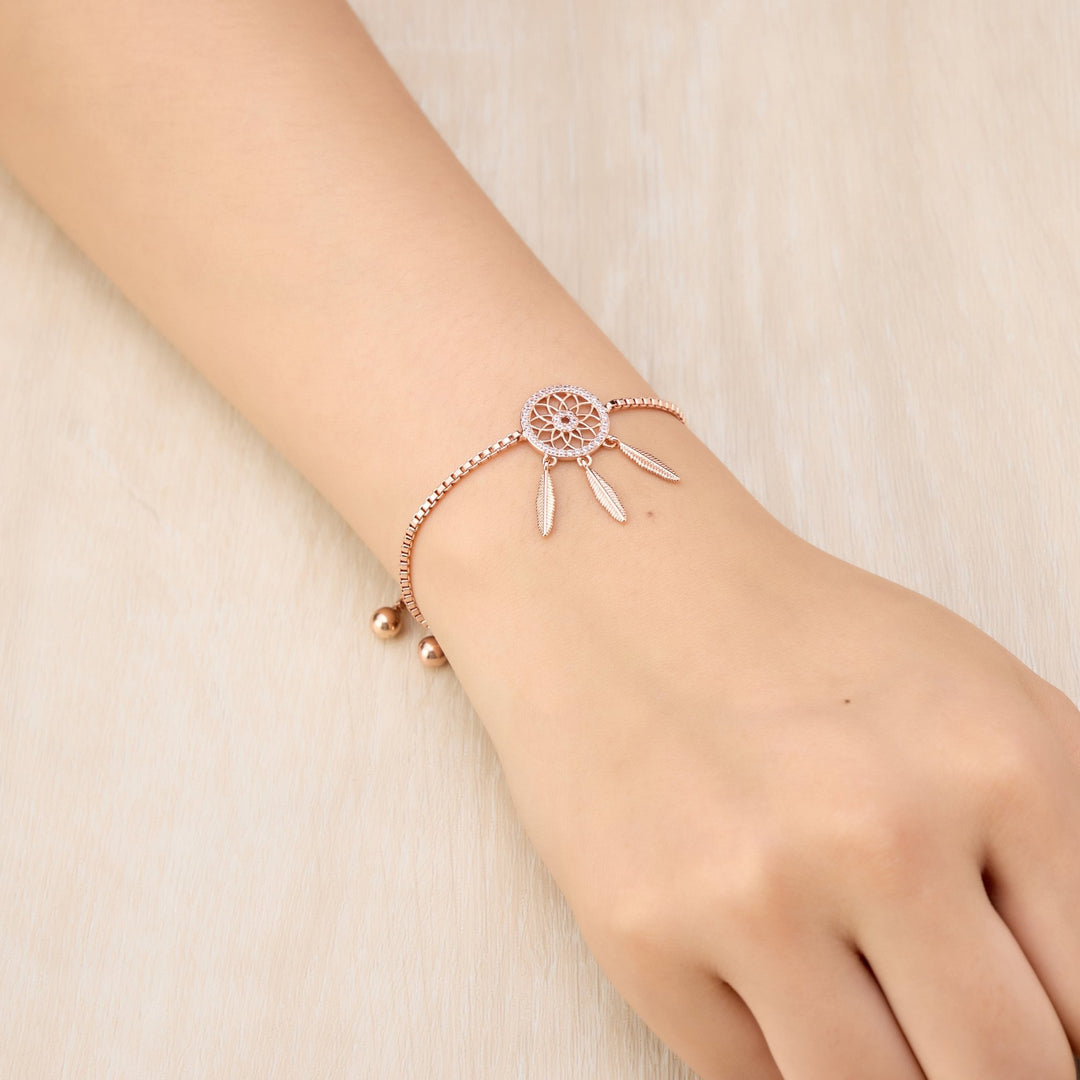 Rose Gold Plated Dream Catcher Friendship Bracelet Created with Zircondia® Crystals - Philip Jones Jewellery