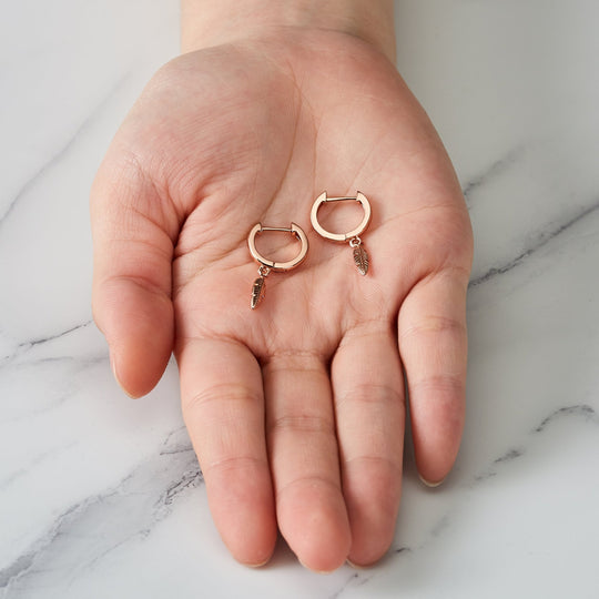 Rose Gold Plated Feather Charm Hoop Earrings - Philip Jones Jewellery