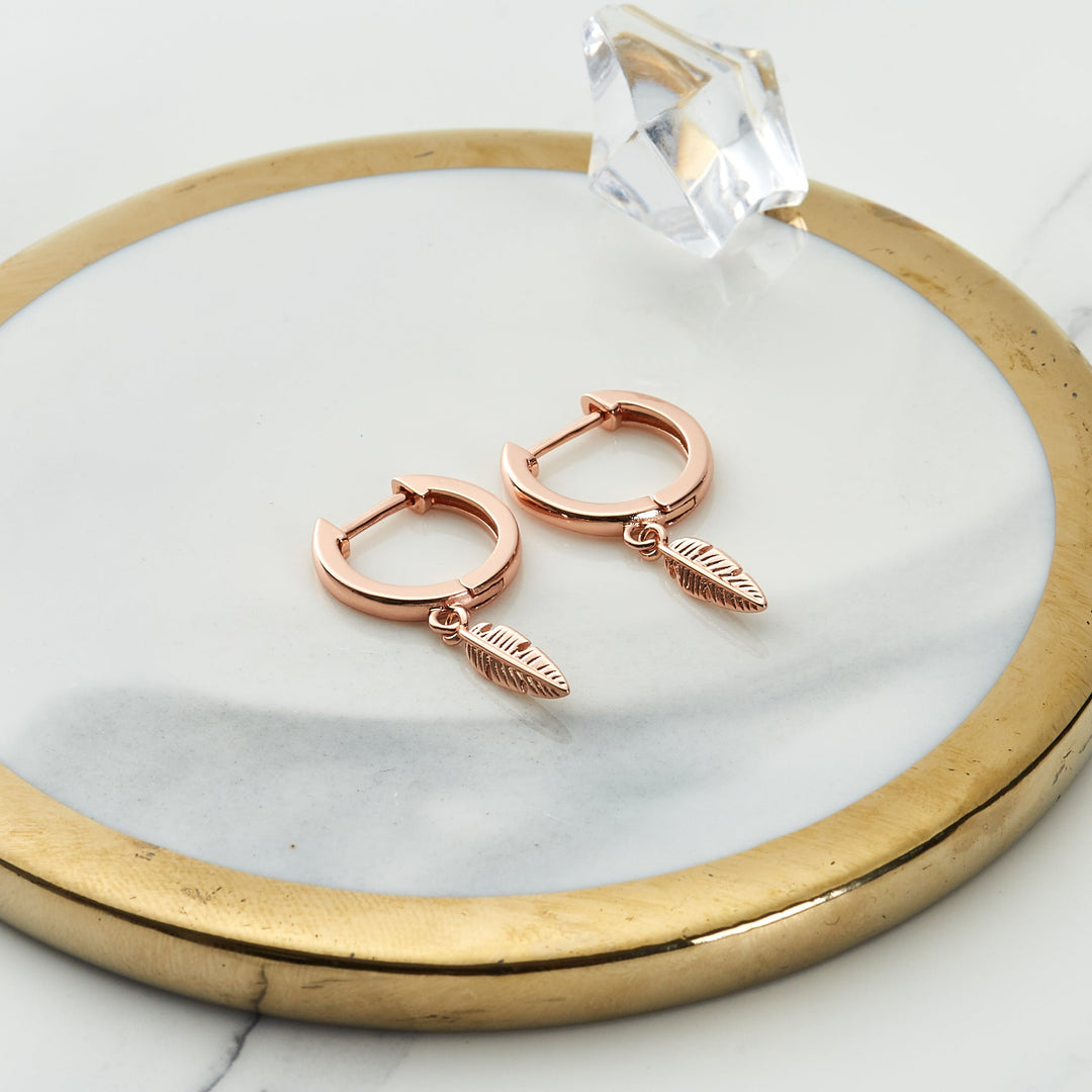 Rose Gold Plated Feather Charm Hoop Earrings - Philip Jones Jewellery