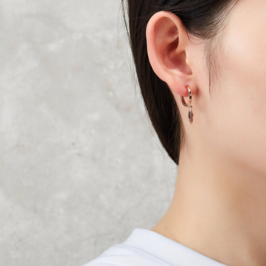 Rose Gold Plated Feather Charm Hoop Earrings - Philip Jones Jewellery