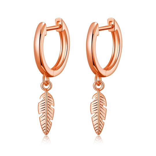 Rose Gold Plated Feather Charm Hoop Earrings - Philip Jones Jewellery