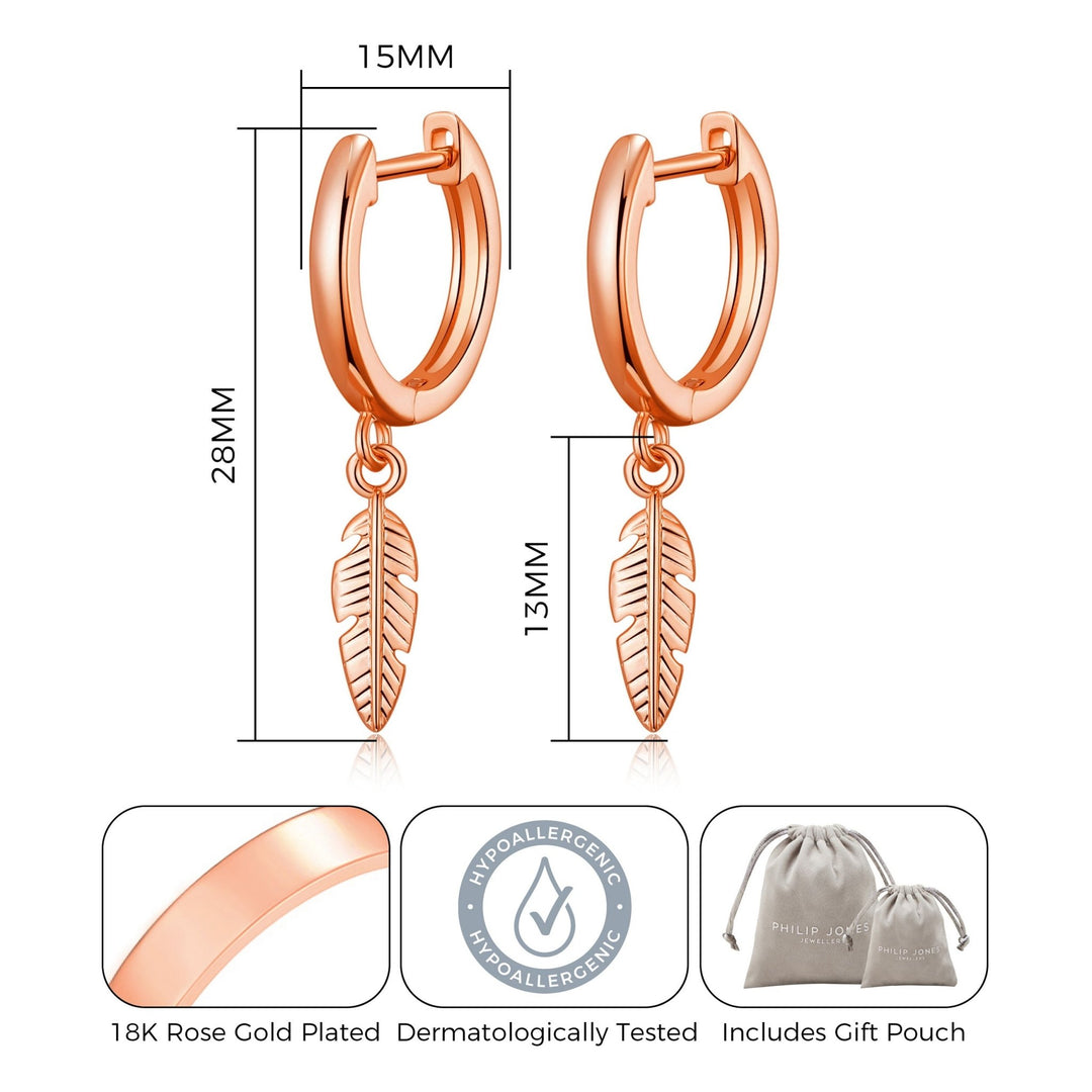 Rose Gold Plated Feather Charm Hoop Earrings - Philip Jones Jewellery