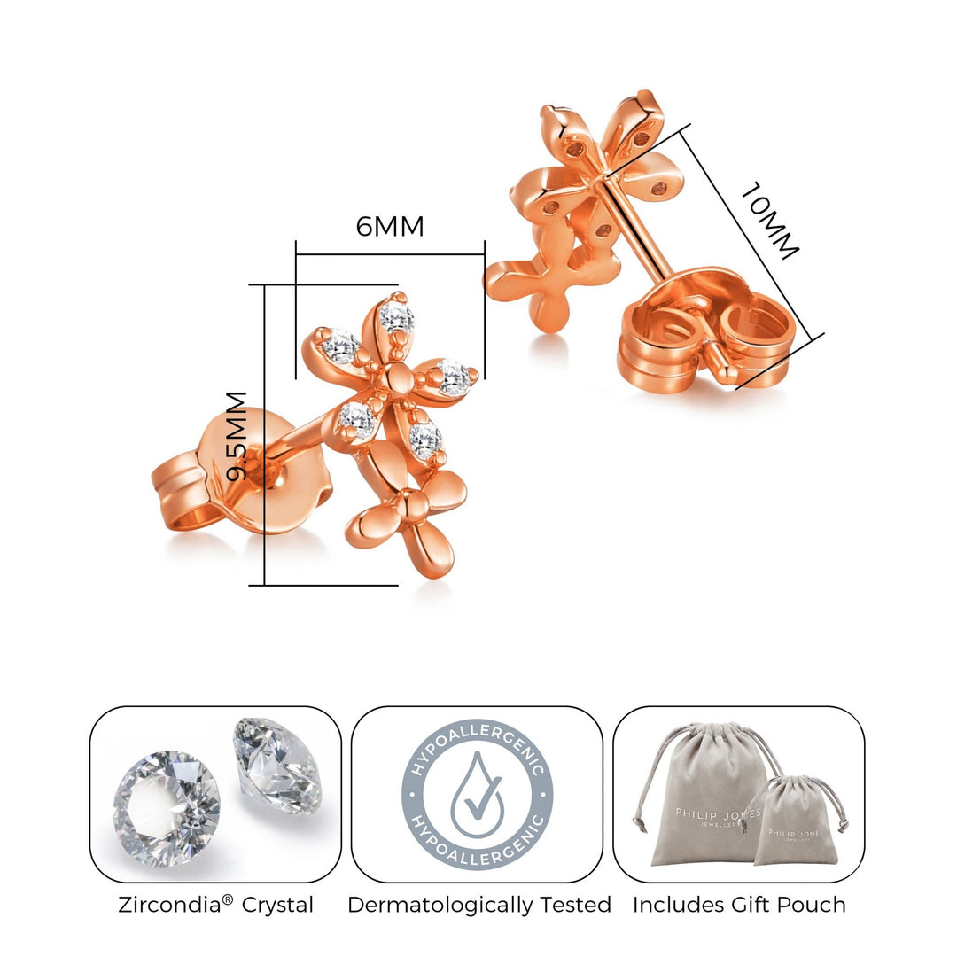 Rose Gold Plated Flower Earrings Created with Zircondia® Crystals - Philip Jones Jewellery