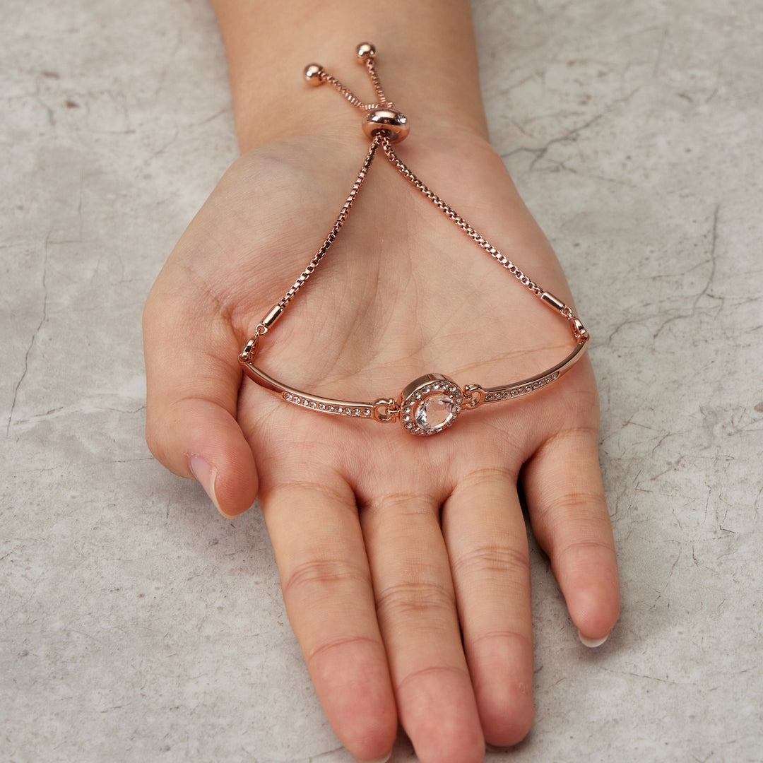 Rose Gold Plated Halo Friendship Bracelet Created with Zircondia® Crystals - Philip Jones Jewellery
