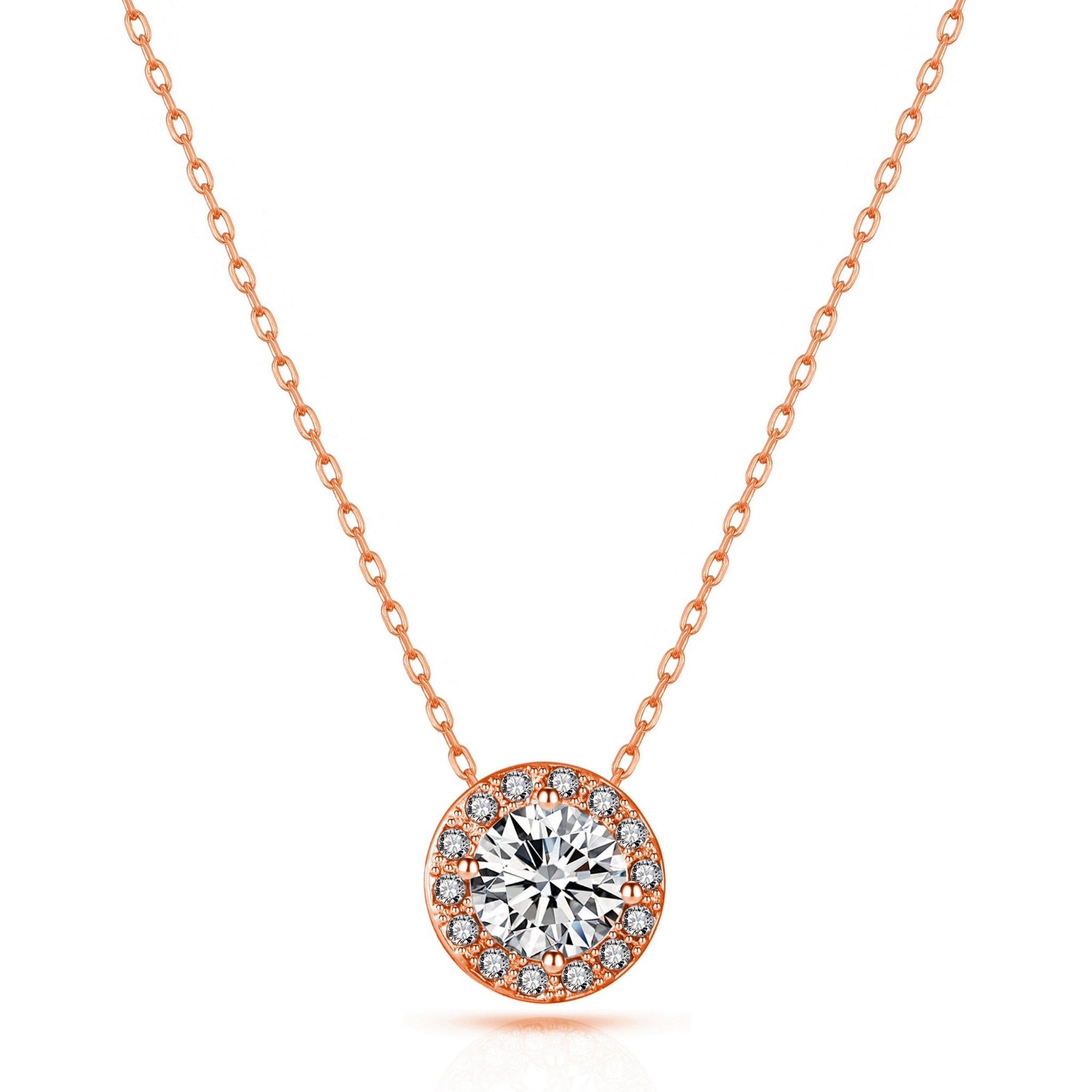 Rose Gold Plated Halo Necklace Created with Zircondia® Crystals - Philip Jones Jewellery