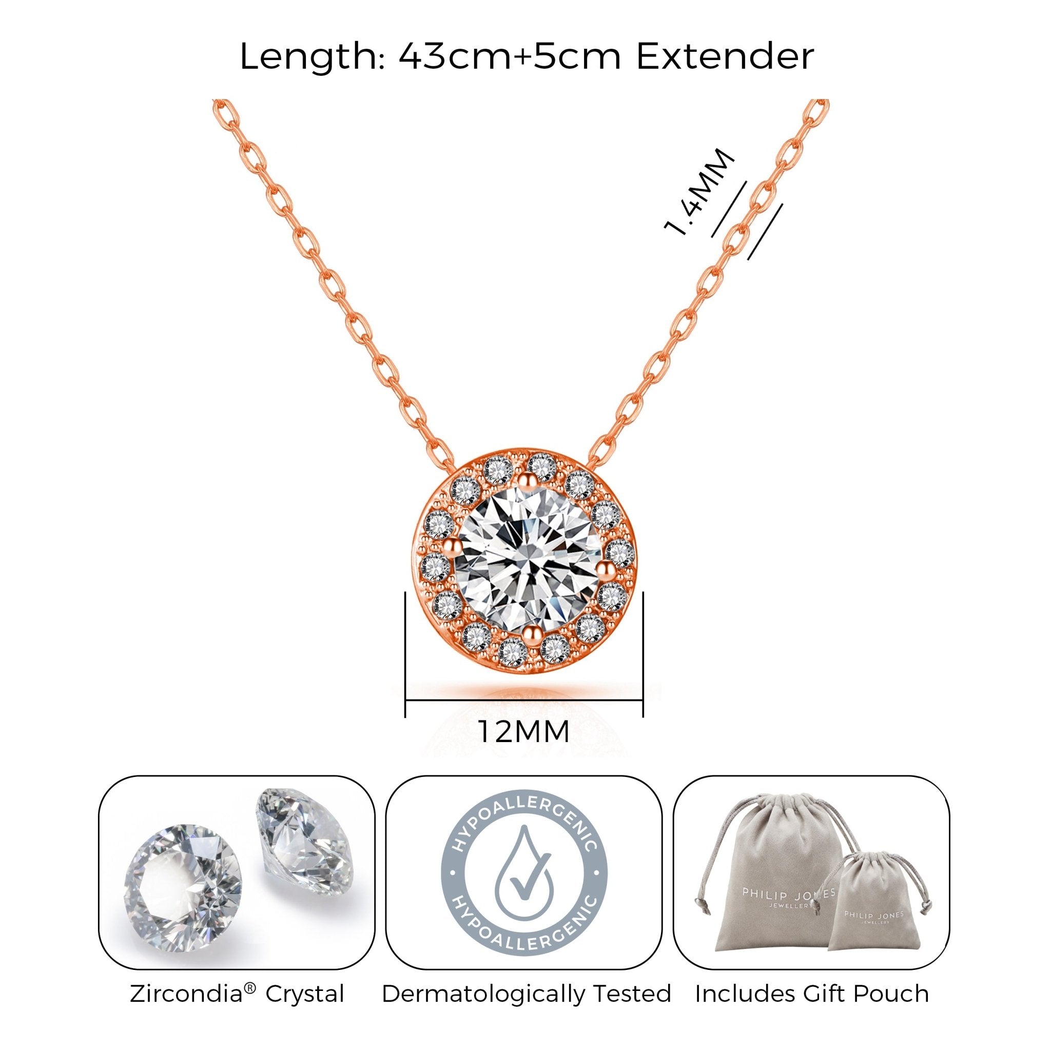 Rose Gold Plated Halo Necklace Created with Zircondia® Crystals - Philip Jones Jewellery