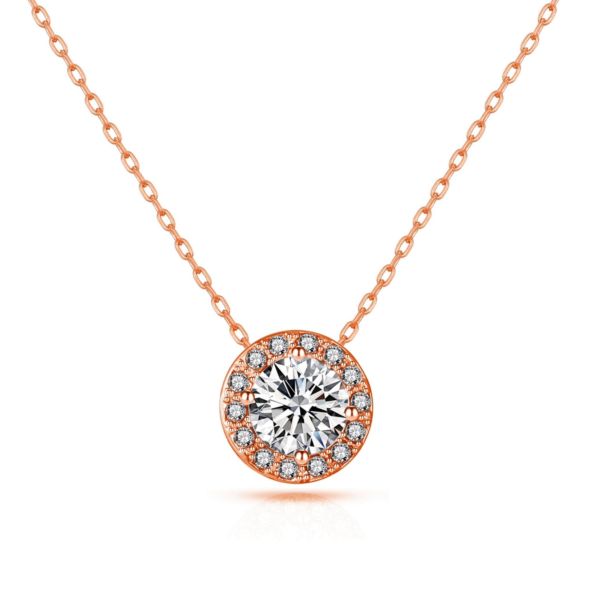 Rose Gold Plated Halo Necklace Created with Zircondia® Crystals - Philip Jones Jewellery