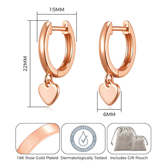 Rose Gold Plated Heart Charm Hoop Earrings - Philip Jones Jewellery
