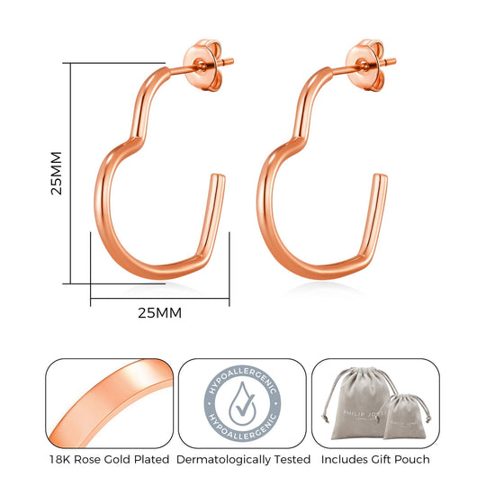 Rose Gold Plated Heart Hoop Earrings - Philip Jones Jewellery